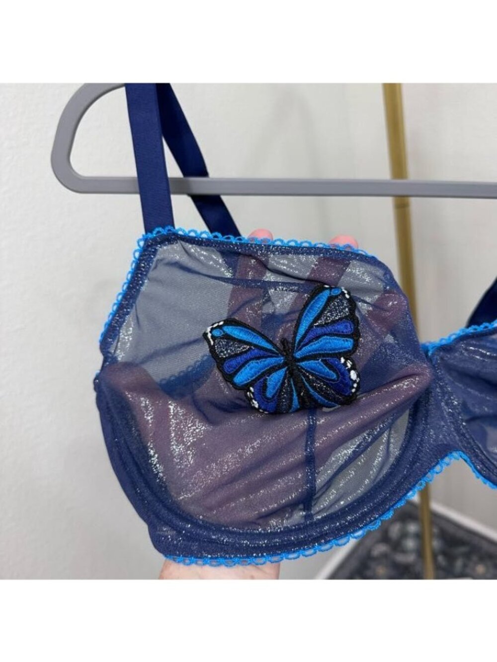 Adore Me Alyshia Demi Bra Blue Butterfly Mesh Sheer Underwire Bra Womens sz 44DD - Picture 2 of 7